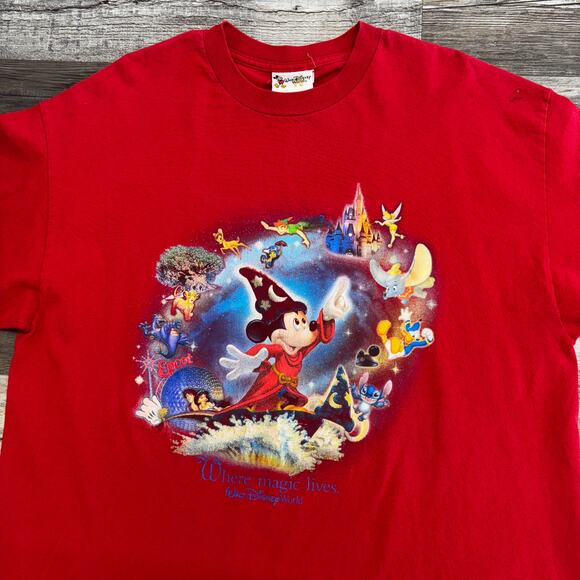 Vintage 90s Y2k Disney Magic Kingdom Epcot Red Mens XL Mickey Mouse T-Shirt - Picture 1 of 11